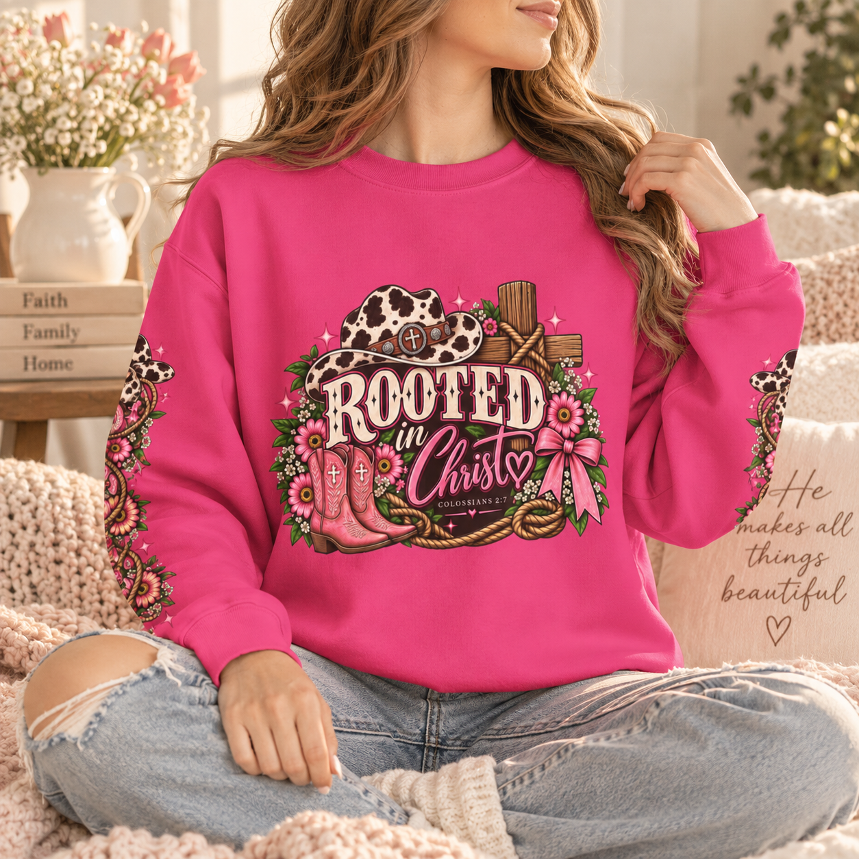 Rooted in Christ Sweatshirt mockup in hot pink