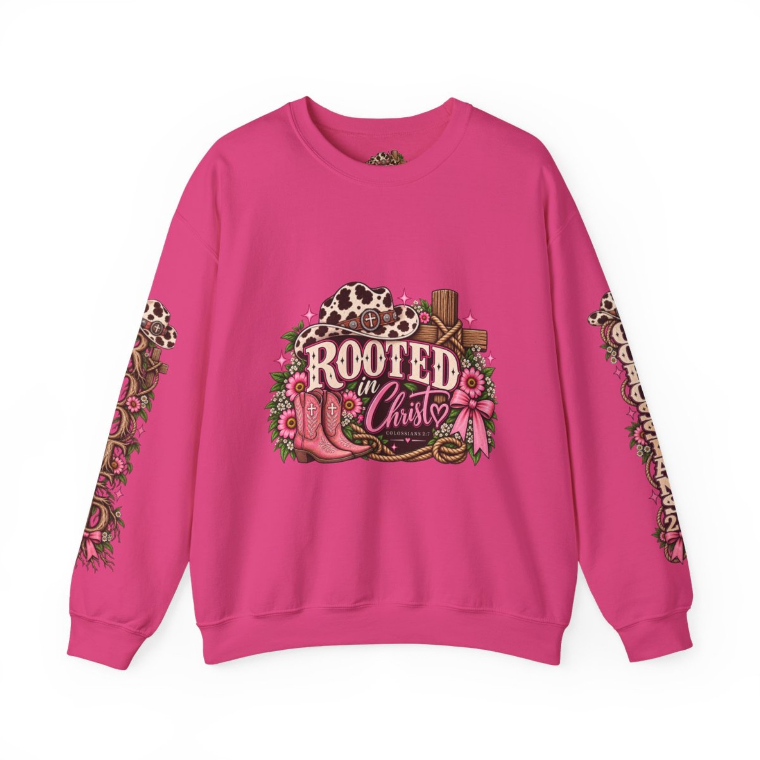 Rooted in Christ pink sweatshirt front