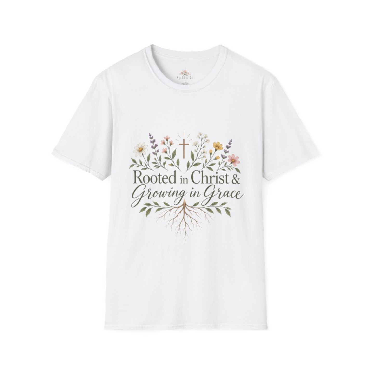 Rooted in Christ & Growing in Grace white T-shirt front
