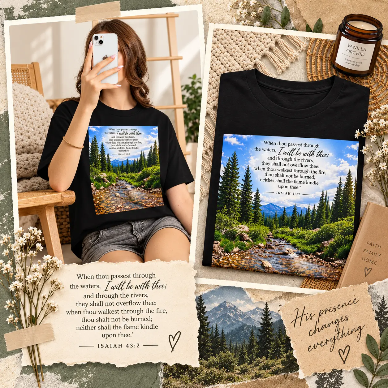 Isaiah 43:2 black T-shirt scrapbook mockup with mountain stream design