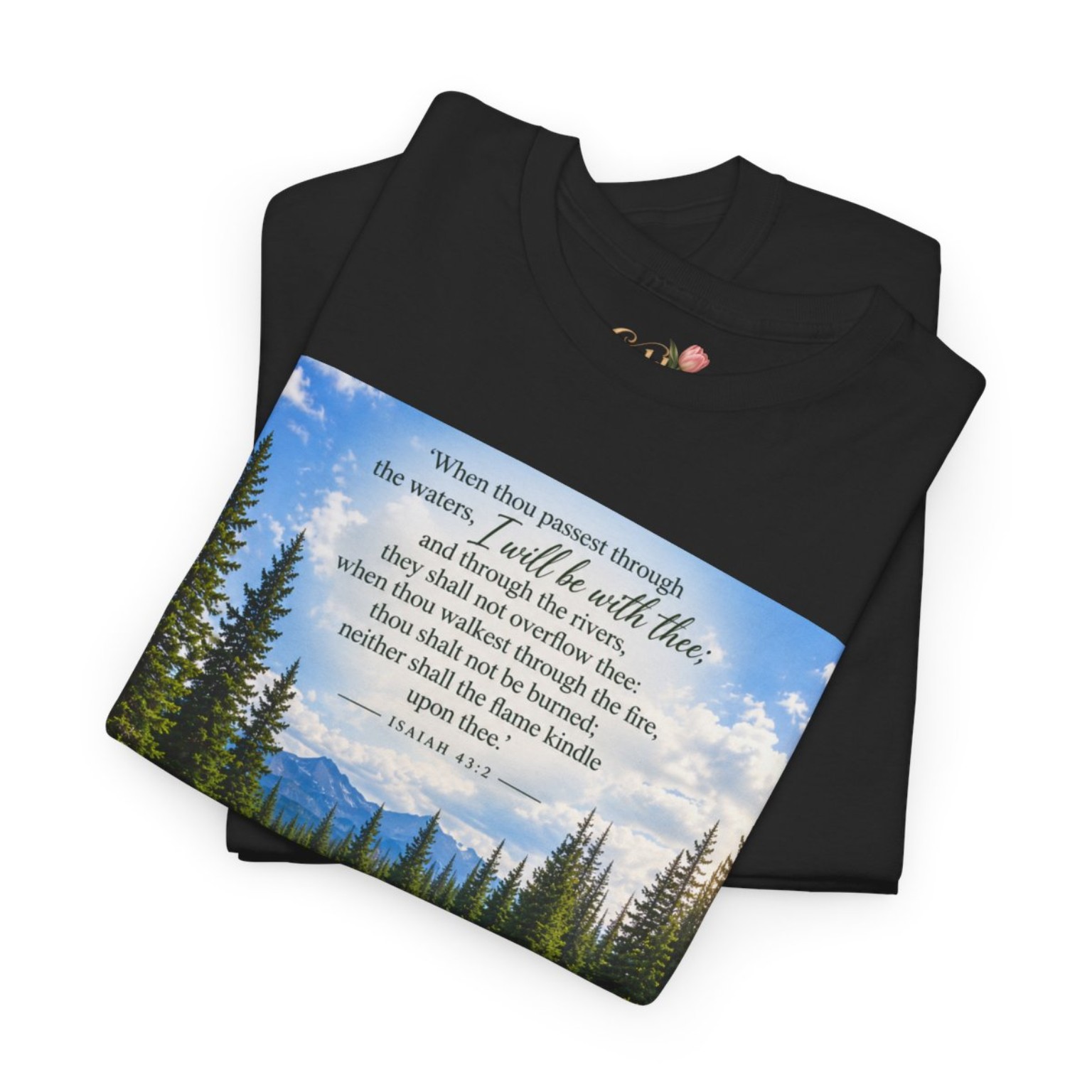 Folded black Isaiah 43:2 T-shirt close-up